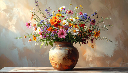wildflower arrangement in rustic ceramic vase, earthy tones