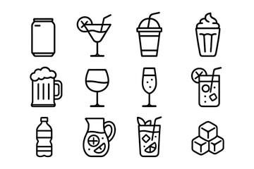 Minimalist beverage icons collection with soda cocktails and coffee
