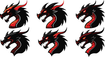 Dragon Head Icon Set Vector, Fierce Dragon Outline, Mythical Dragon Logo, Dragon Head Silhouette, Fantasy Creature Emblem