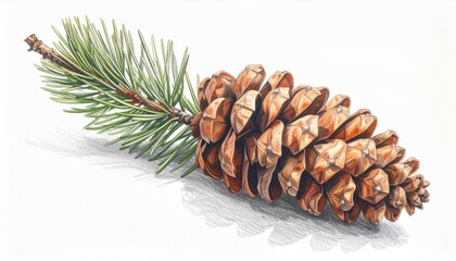Fototapeta premium Detailed Watercolor of Pinecone with Green Needles on White Surface