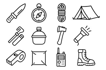 Obraz premium Camping gear icons: essential outline style for outdoor adventure design