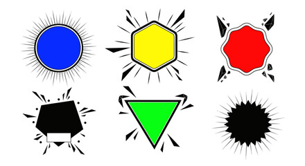 A dynamic set of colorful geometric comic style badges with explosive radial lines for design