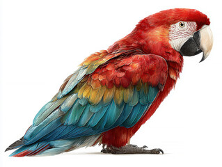 Obraz premium Close-up view of a colorful side profile parrot, vibrant red and green plumage with blue wing accents, expressive white beak, detailed feather texture, dark background - AI-Generated