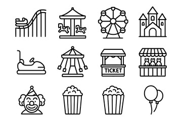 Amusement park icons: roller coaster, carousel, ferris wheel, castle, clown, popcorn, balloons