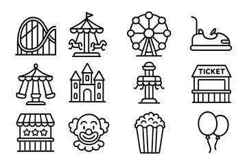 Amusement park elements: line art series of rides and attractions