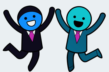 Two cartoon characters in suits jumping with joy, representing success and happiness in business