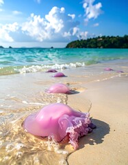 Pink jellyfish washed ashore on a sandy beach, turquoise water