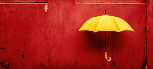 The umbrella hanging against a textured red wall creating bold minimalist color contrast