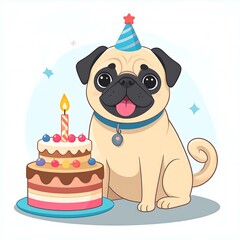 Cute pug with birthday cake