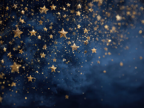 Starry night scene with varying sized stars twinkling against a dark backdrop, enhanced with a bokeh effect creating shimmering orbs of light and golden glow - AI-Generated