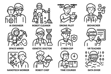 Modern professions icons: technology, science, and innovation themes in linear style