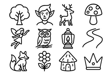 Fototapeta premium Whimsical forest icons featuring elves, animals, and nature elements