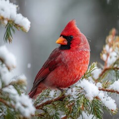 Vibrant red cardinal perched on snowy branch