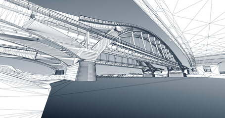 Wireframe rendering of an arched bridges structure over a river – 3D infrastructure model