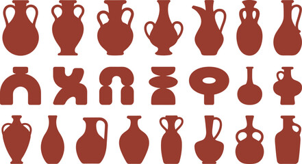 Collection of ancient and modern vase silhouettes, pottery shapes, ceramic jars, amphora, decorative vessels, flat vector design illustration