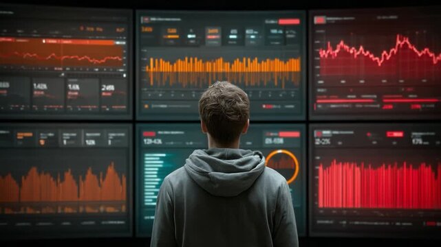 Data Analyst in Focused: A concentrated data analyst stands before a digital array of intricately graphed data on multiple display screens, embodying diligence, strategy, and analytical precision. 