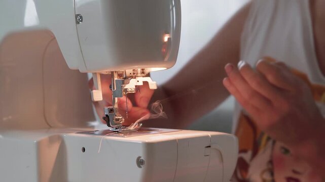 4K Close-Up Female Seamstress Hands praparing Modern Sewing Machine for work threading it. Home work, Light industry, small business and female labor concept. 
