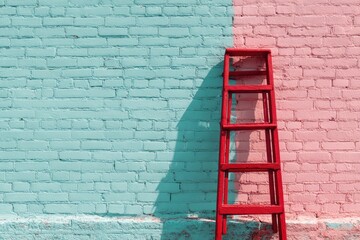 Red ladder against a pastel-colored brick wall
