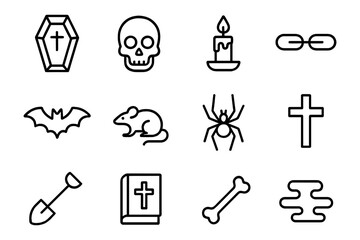 Obraz premium Spooky halloween icons set: skeleton, bat, and other creepy symbols in linear style