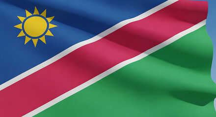 A closeup of the namibian flag waving, showcasing its bold colors of blue, green, red, and white, along with the golden sun emblem, representing the countrys vast landscapes, rich natural resources, a