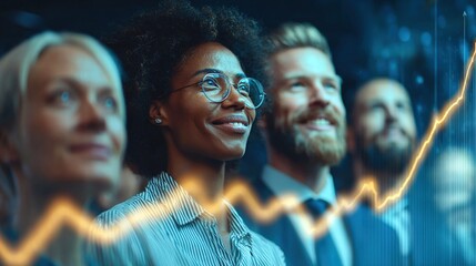 Business team celebrates financial success as they look toward the future with optimism.