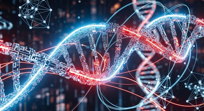 Abstract mechanical DNA strand with blue and red light effects, concept for genetic research, biomedical engineering and pharmaceutical development