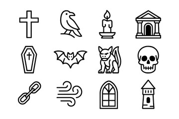 Halloween outline icons set: spooky symbols including cross, bat, and skull
