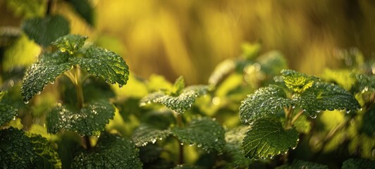 The Leaves Covered in Morning Dew Glowing in Warm Sunlight with Soft Bokeh Background