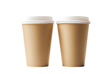 Two takeaway coffee cups with white lids isolated against a stark transparent background