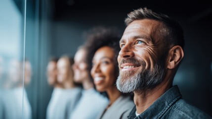 Diverse group of professionals smiling, representing success and collaboration in business.