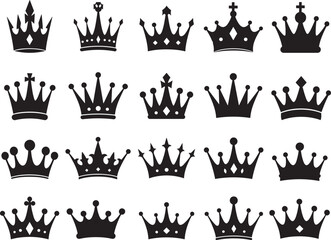 Black, crown, icon, set, royalty, vector, illustration, silhouette, graphic, design, regal, symbol, majestic, elegant, noble, luxury, king, queen, throne, power