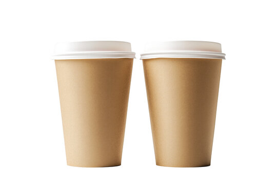 Two takeaway coffee cups with white lids isolated against a stark transparent background