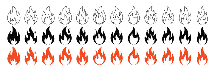Collection of stylized flame icons in black, orange, and outline variations, isolated on white background