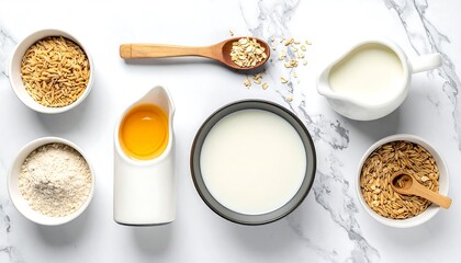 Healthy breakfast ingredients arranged on a marble surface