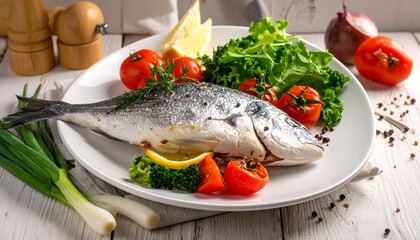 Fresh fish dish with herbs and vegetables
