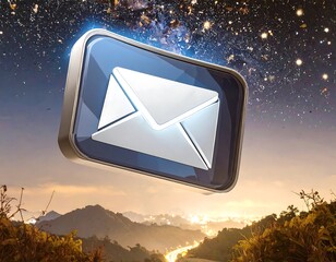 3D email icon against a starry night sky over mountains