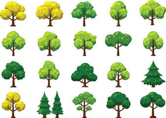 Fototapeta premium Cartoon collection of green and yellow trees, nature foliage illustration set, eco forest landscape plants, vector outdoor environment design