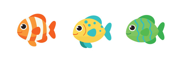 Set of Cute Colorful Cartoon Fish Vector Illustration – Orange Clownfish, Yellow Tropical Fish, and Green Striped Fish on White Background