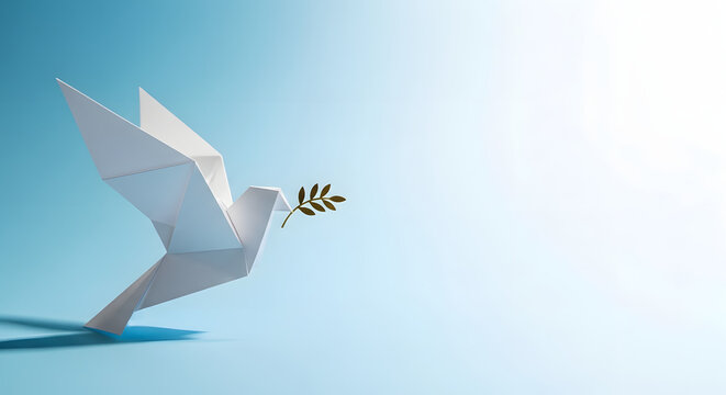Peace and New Beginnings oPeace and New Beginnings of Hope. A white dove Flying over the Blue background Holds an Olive Branch. World International Peace Day. brings Peaceful to the World