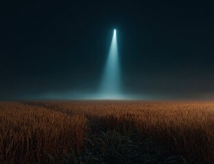 A bright light beam illuminates a field of golden wheat in a foggy night
