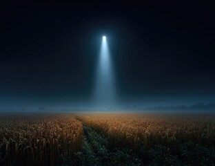 A beam of light illuminates a foggy field at night