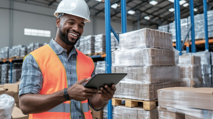 Young smiling african american warehouse worker in hard hat and safety vest using a tablet to check inventory and manage logistics among pallets and racks in a busy distribution center