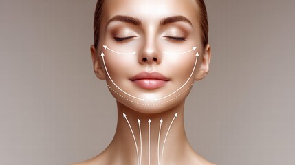 A woman's face shows facial lines with arrows illustrating a cosmetic skin tightening procedure.