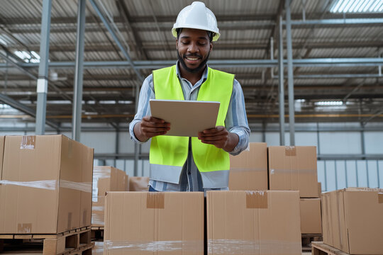 African american male warehouse worker wearing hard hat and safety vest smiling while managing inventory and supply chain operations using a digital tablet between stacks of cardboard boxes