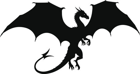 Flying dragon silhouette fantasy illustration, mythical creature design, black winged beast artwork, powerful legendary monster graphic, medieval mythology vector, fire-breathing reptile