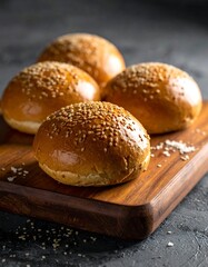Fresh, golden burger buns on a wooden board