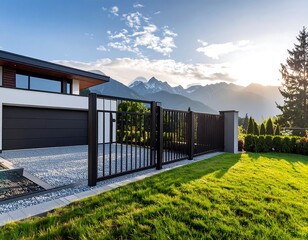Modern home exterior with mountain view