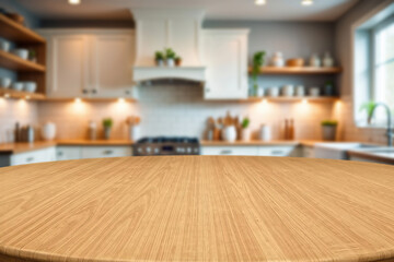 Modern kitchen interior with wooden table in the foreground and stylish shelves in the background