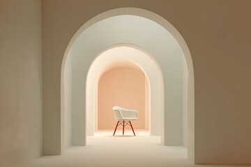 Minimalist interior scene with arched walls and a white chair