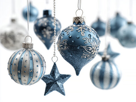 Minimalist Christmas decoration collection, primarily metallic blue and white spherical ornaments with snowflake patterns, star attachments, and larger stars Indoor setting, soft diffu - AI-Generated